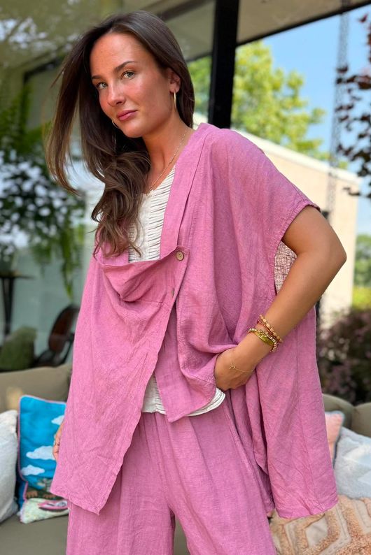 Sandbar Linen Blend Drape Front Cap Sleeve Gilet Indian Pink